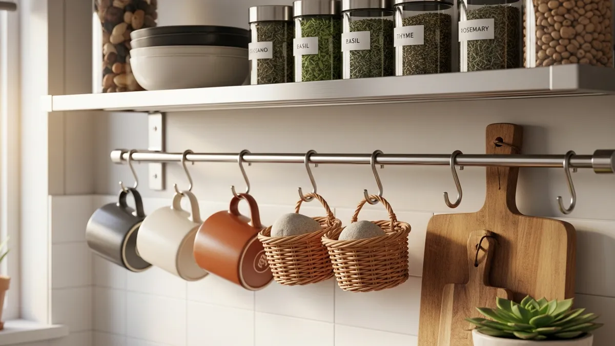 Stainless steel hanging kitchen shelf with hooks holding mugs and herb jars in compact apartment kitchen