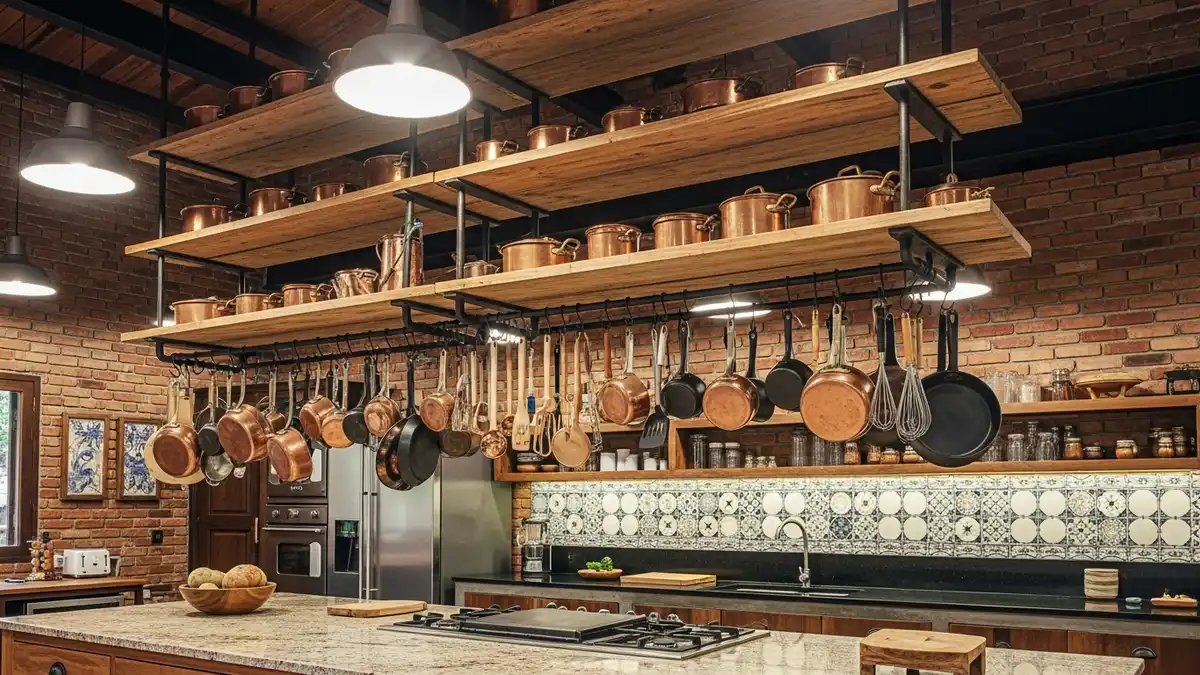 Ceiling-mounted hanging kitchen shelf system with wooden planks and iron rods holding pots and pans