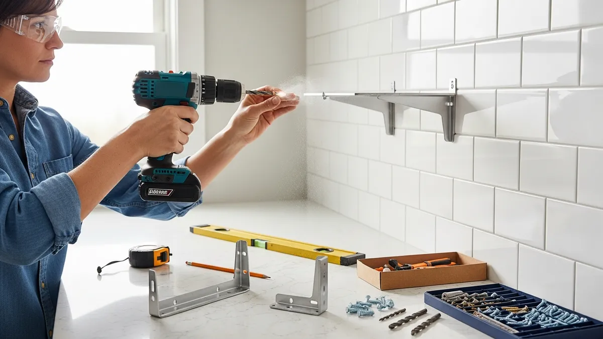 DIY installation of hanging kitchen shelf bracket being drilled into kitchen wall tiles
