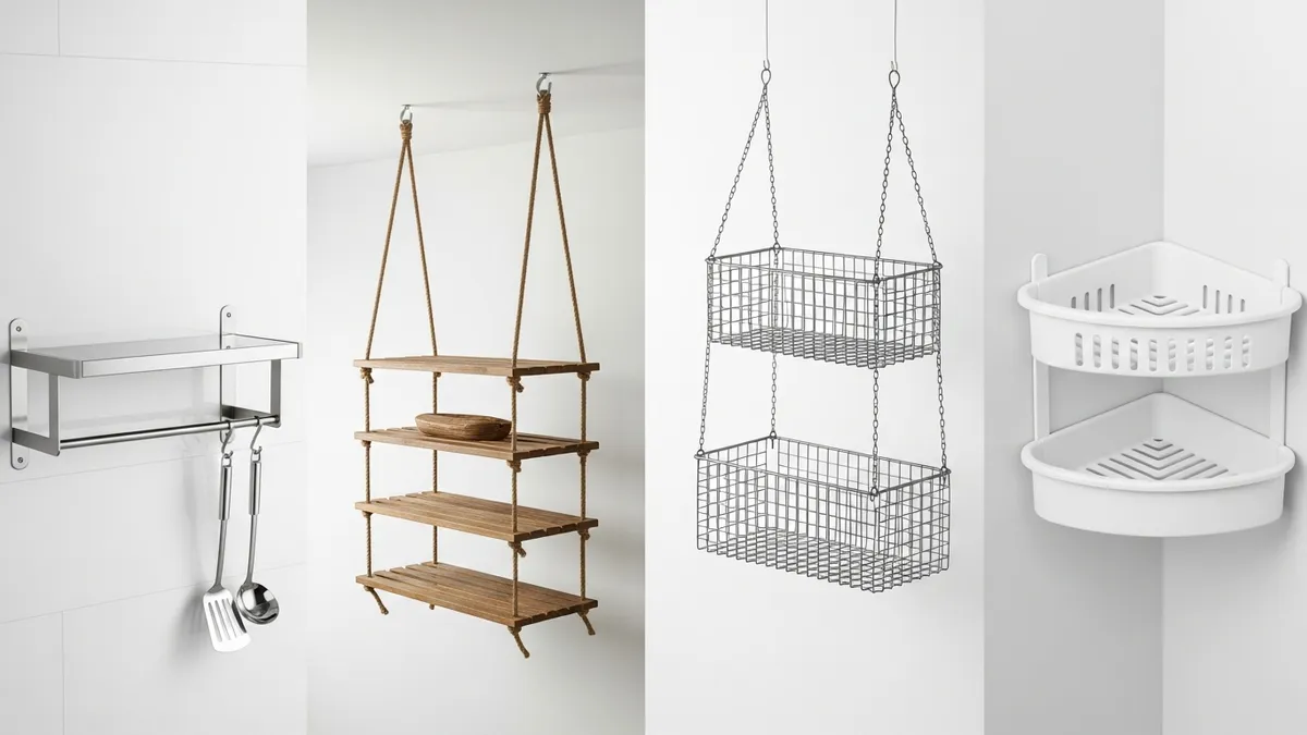 Four types of hanging kitchen shelf comparison including stainless steel, wooden, wire mesh, and plastic corner shelf