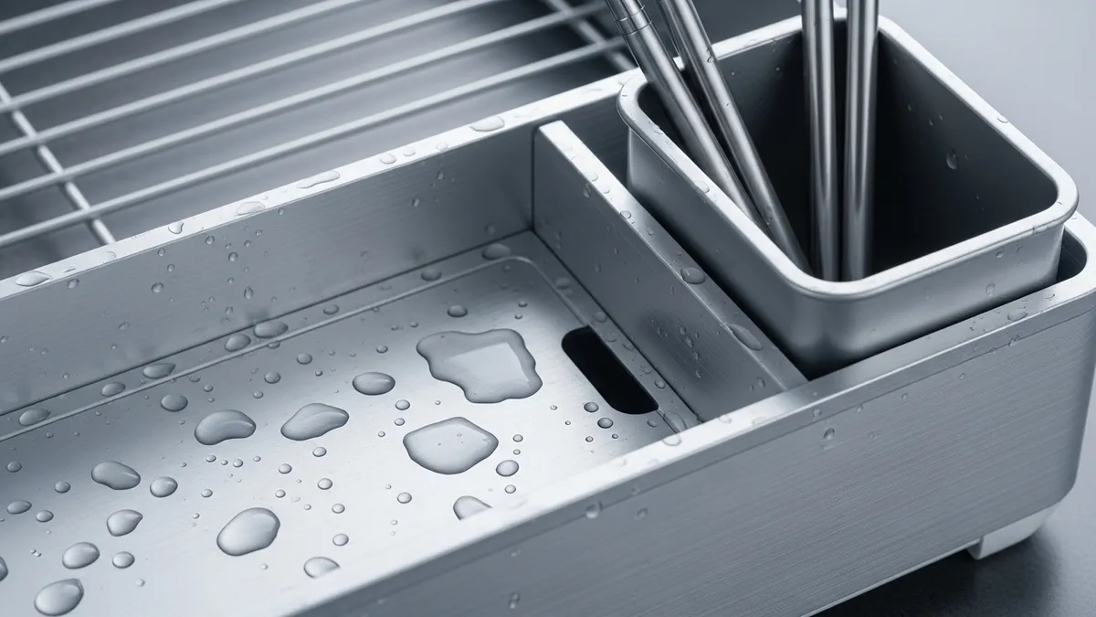Close-up of aluminum dish rack features showing drainage system and utensil holders