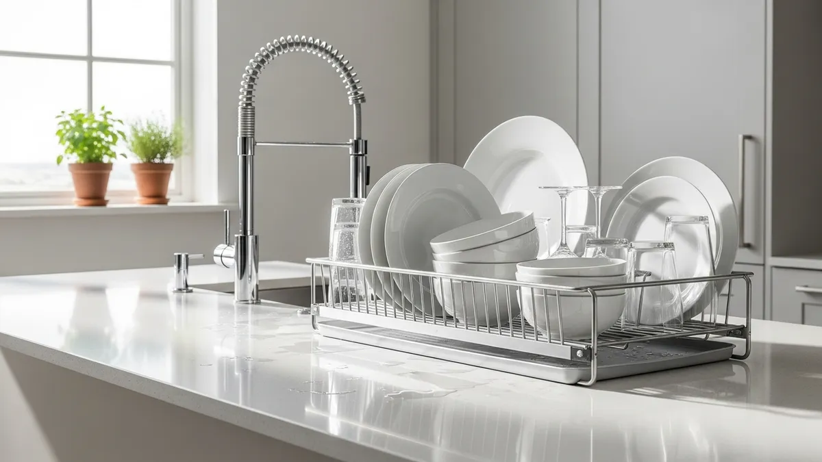 Modern aluminum dish rack displaying clean plates in bright contemporary kitchen