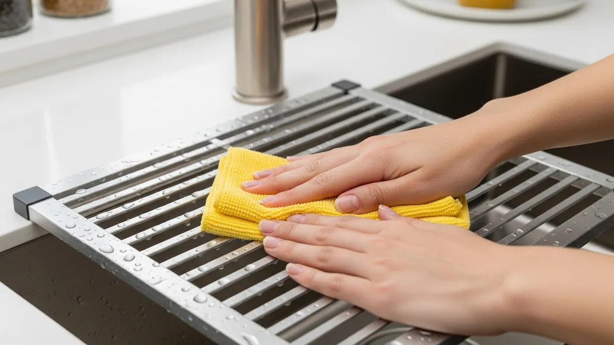 Person cleaning aluminum dish rack with microfiber cloth for proper maintenance