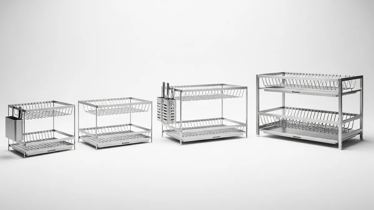 Various aluminum dish rack models comparison showing different sizes and designs