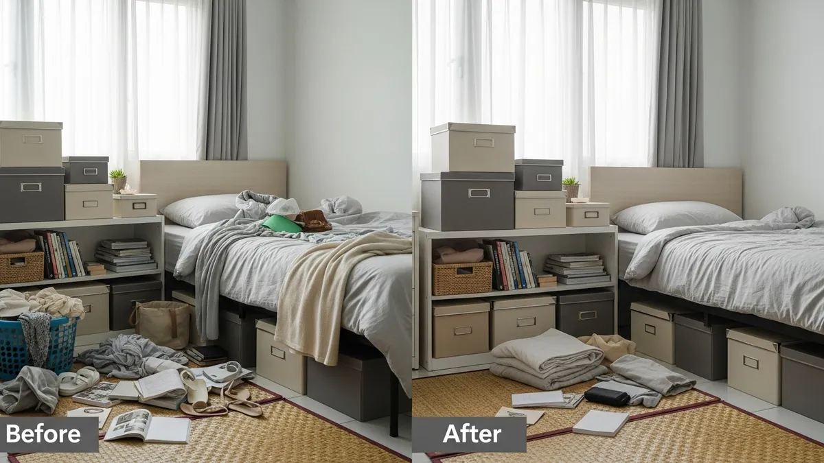 Before and after comparison of a room using storage boxes for organization