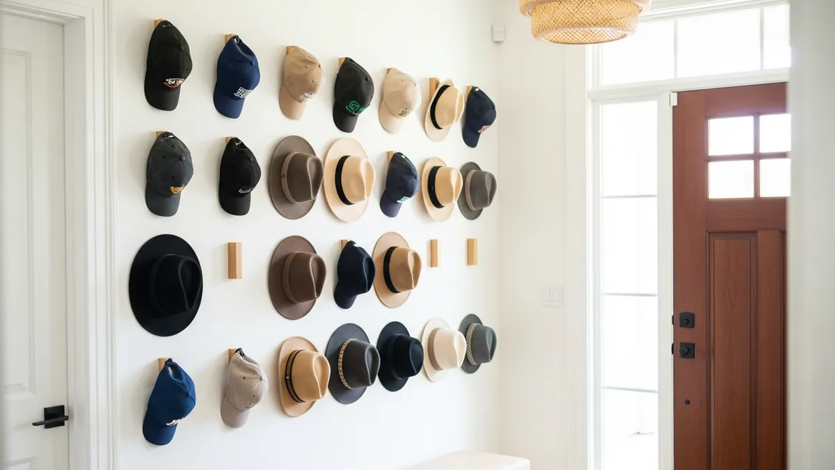 Creative hat storage ideas on a entryway wall with wooden hooks and organized hat collection