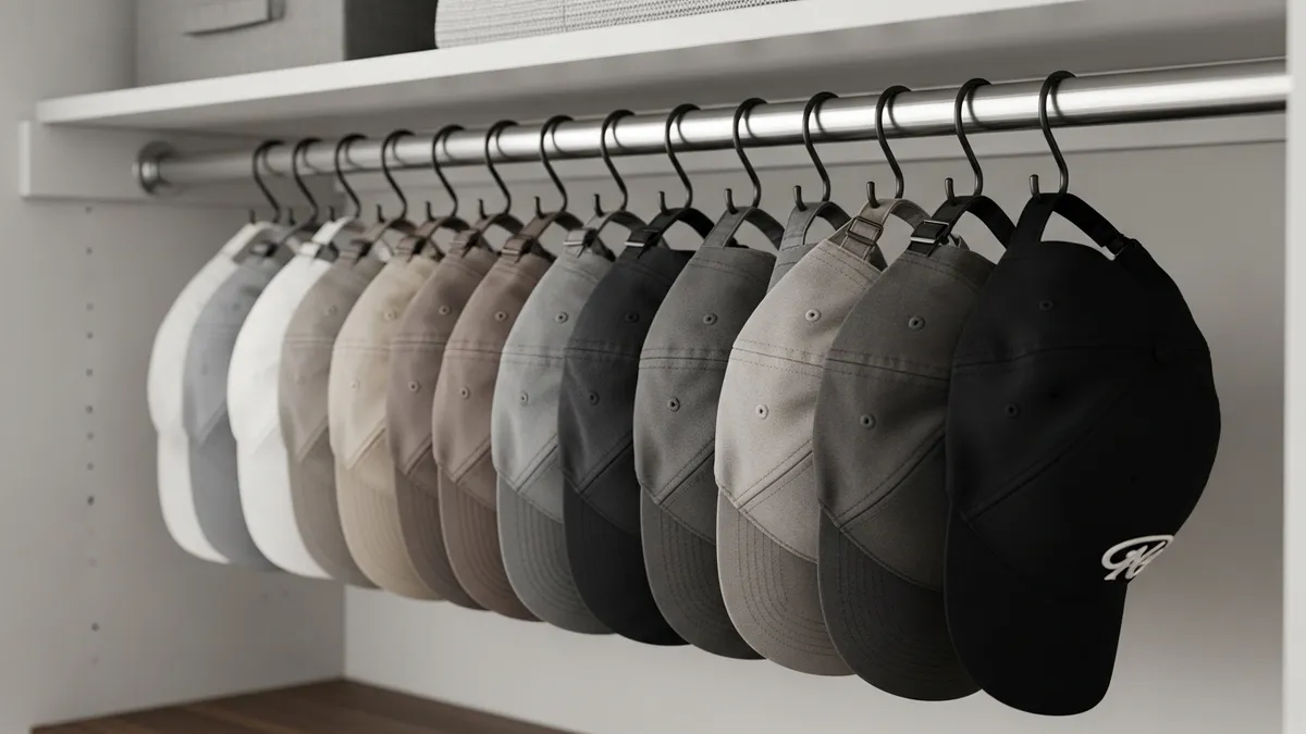 Baseball caps hung on S-hooks inside a bedroom closet for smart hat storage