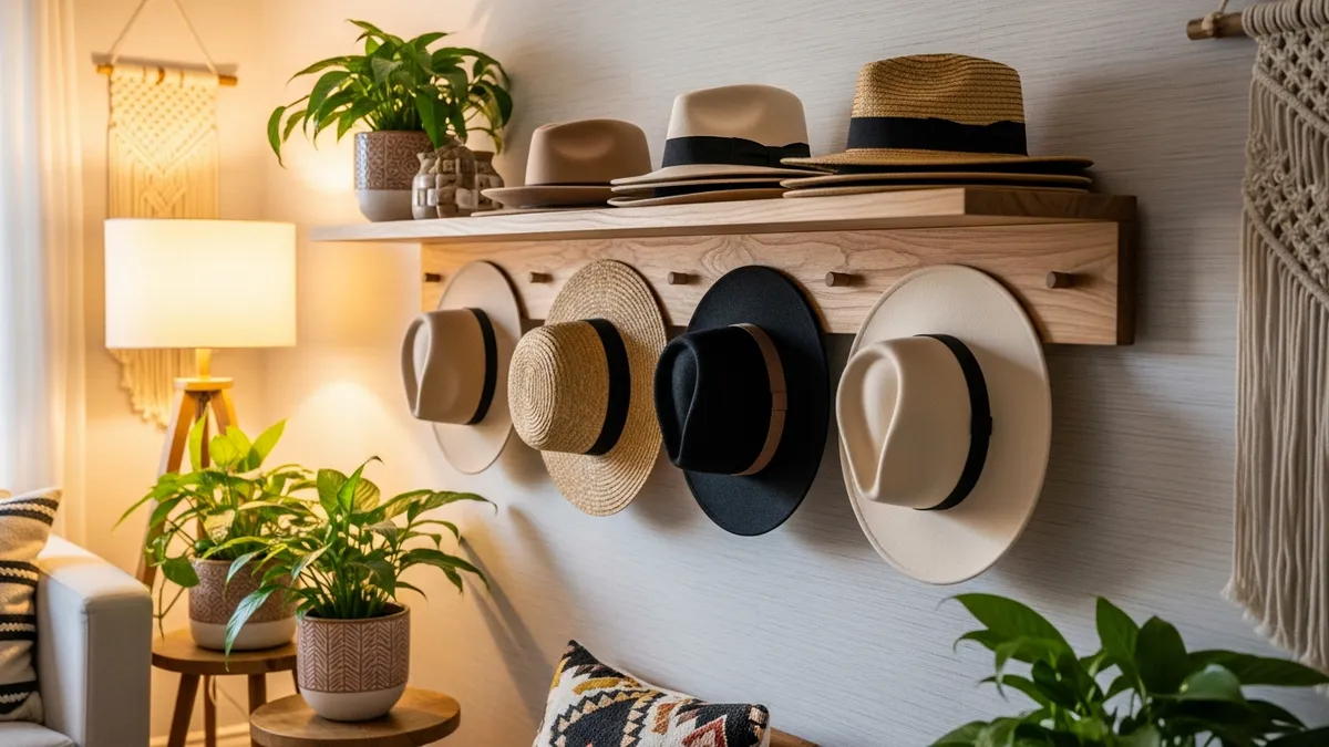 Wall shelf used as decorative hat storage for wide-brim and straw hats in a living room