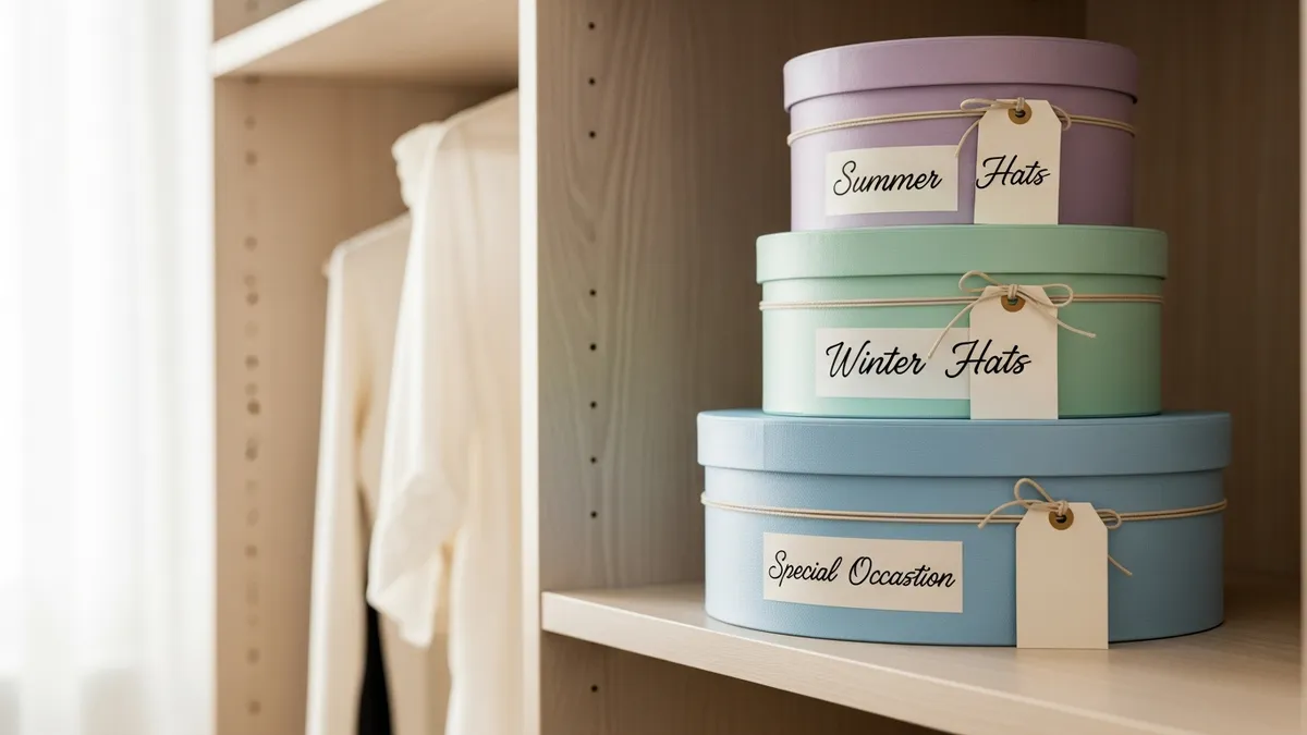 Stacked labeled hat boxes on a closet shelf for protecting and organizing hat collections