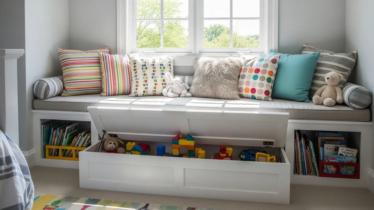 Window seat with hidden toy storage compartment in a kids bedroom