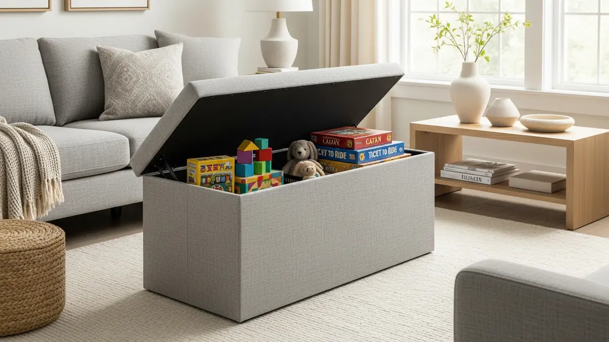 Large storage ottoman opened to show hidden toy storage inside living room