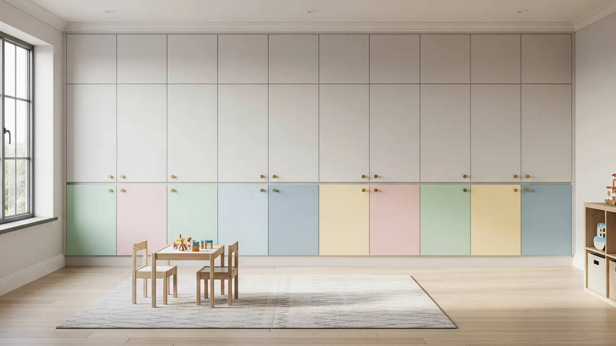 Built-in playroom cabinets with closed doors concealing hidden toy storage