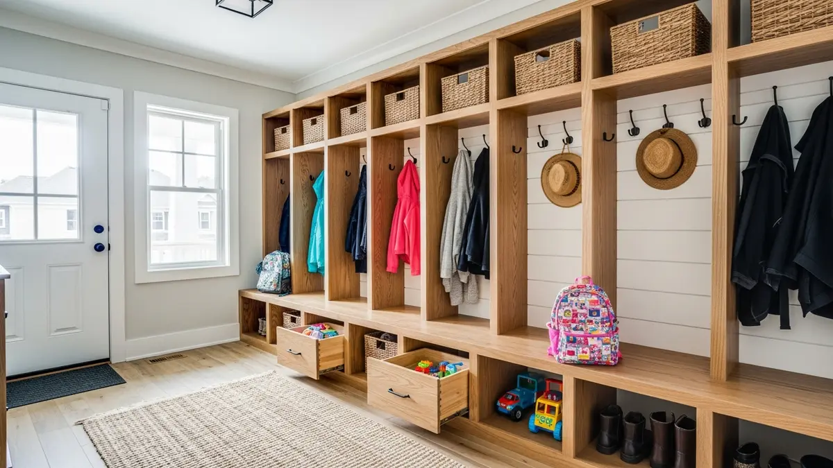 Mudroom bench with hidden toy storage drawers and cubbies in an organized entryway