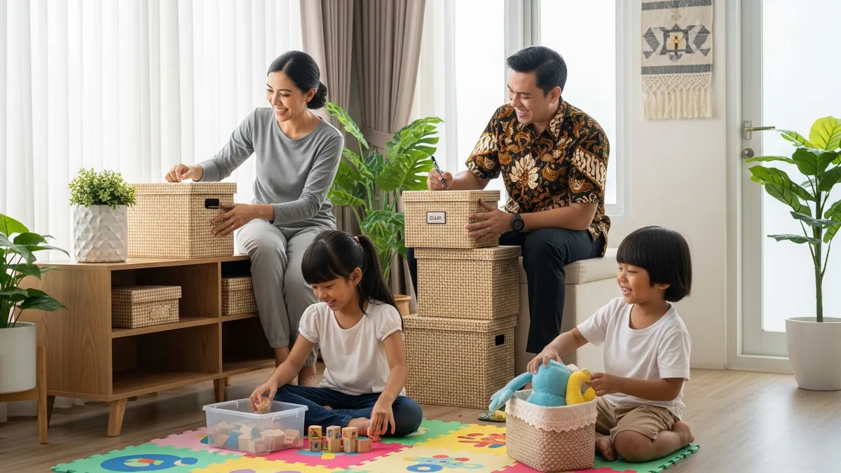Indonesian family working together to organize their home with lifestyle storage for better quality of life