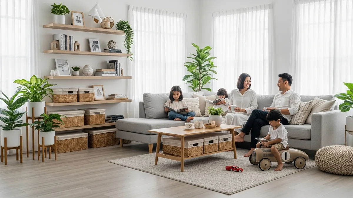 Modern Indonesian family room with lifestyle storage supporting quality living and wellness