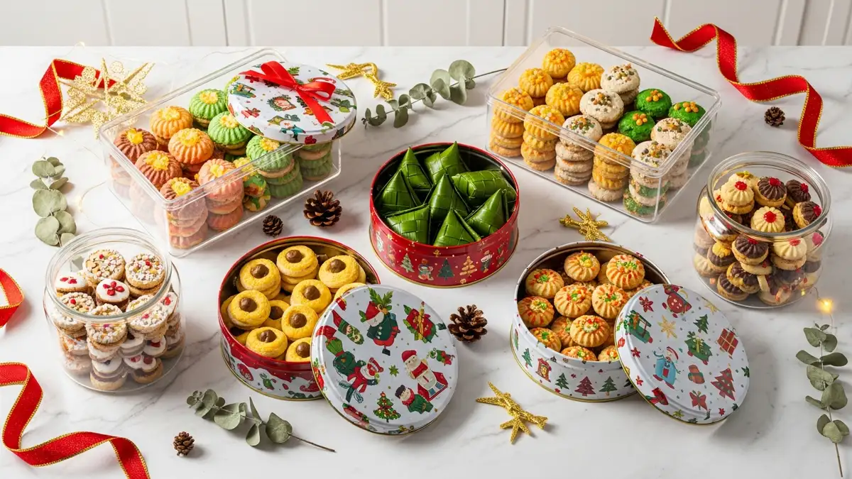 Holiday cookie storage containers for Lebaran and Christmas cookies on kitchen counter