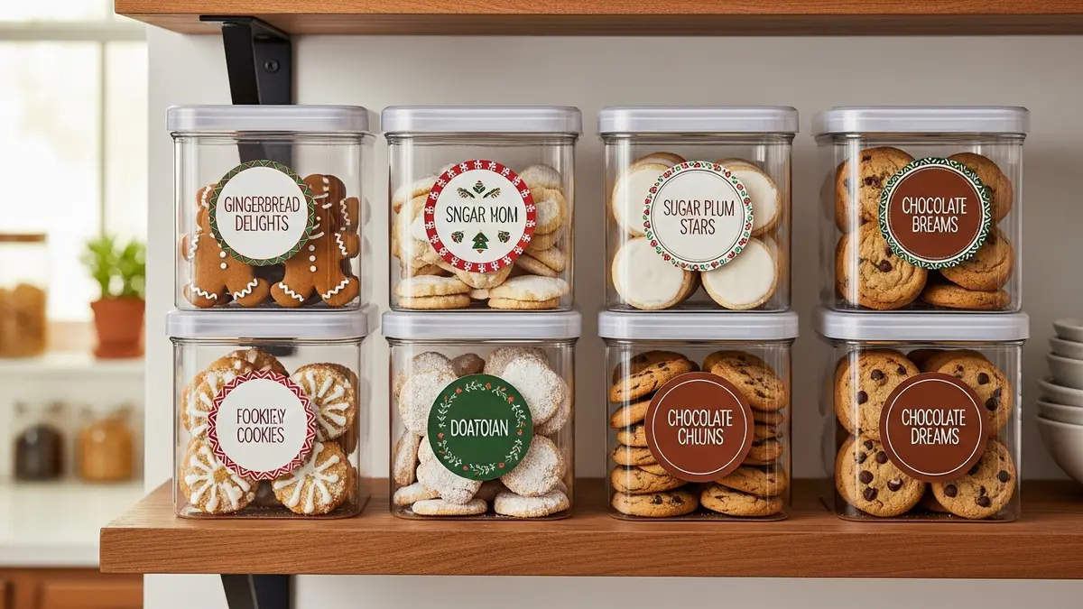 Organized holiday cookie storage containers neatly stacked on kitchen shelf
