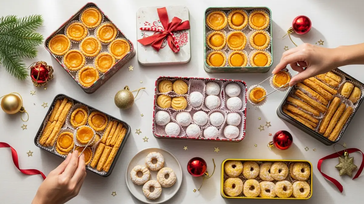 Decorative holiday cookie tin containers filled with Indonesian kue kering for Lebaran