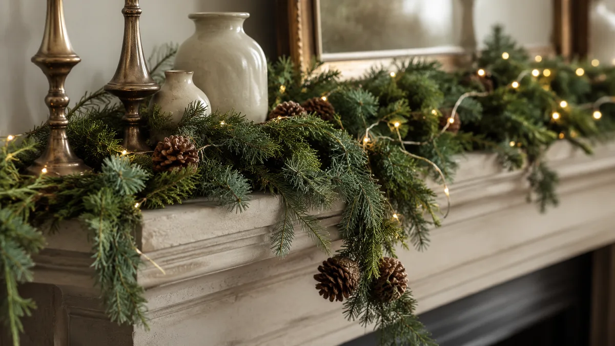 Holiday mantel decor with layered evergreen garland, brass candlesticks, and hung stockings above a fireplace
