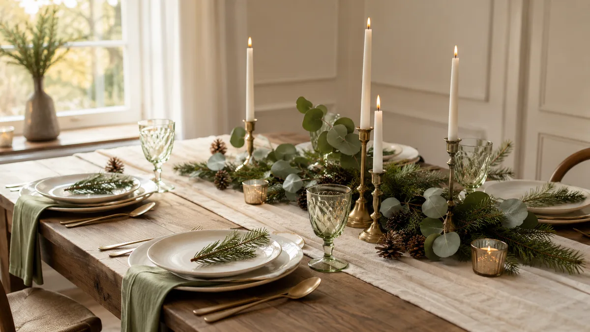 Holiday dining table with a low greenery runner, taper candles, layered place settings, and cloth napkins