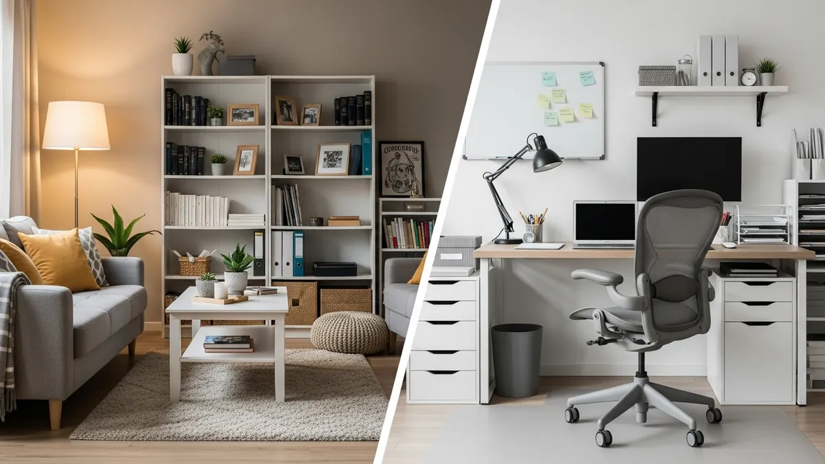 Dual home and office organization setup showing organized living and working spaces