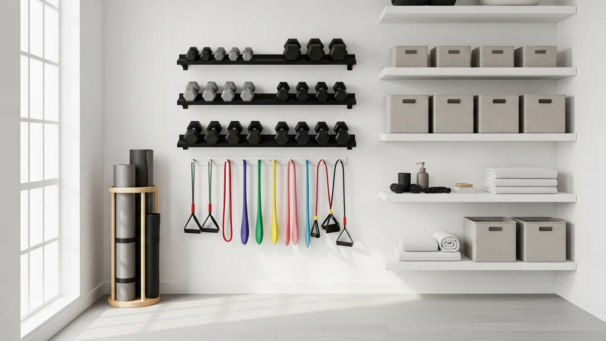Well-organized home gym with wall-mounted dumbbell rack, resistance bands on hooks, and storage shelves in 2026