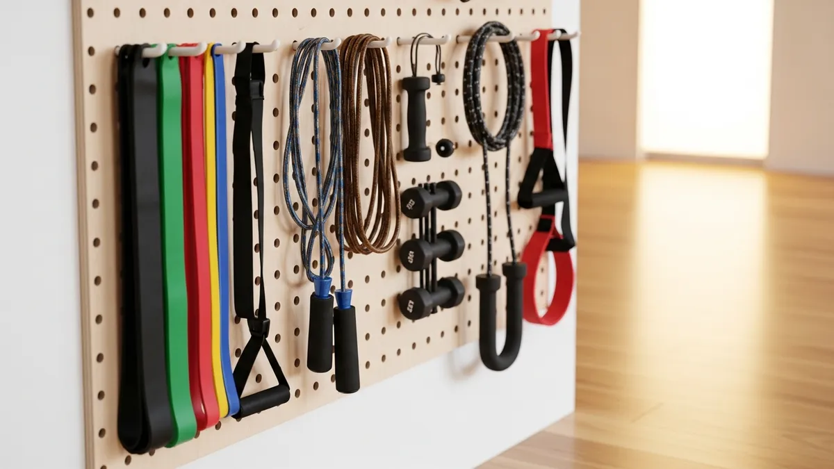 Home gym pegboard wall organizer with resistance bands, jump ropes, and workout accessories neatly hung