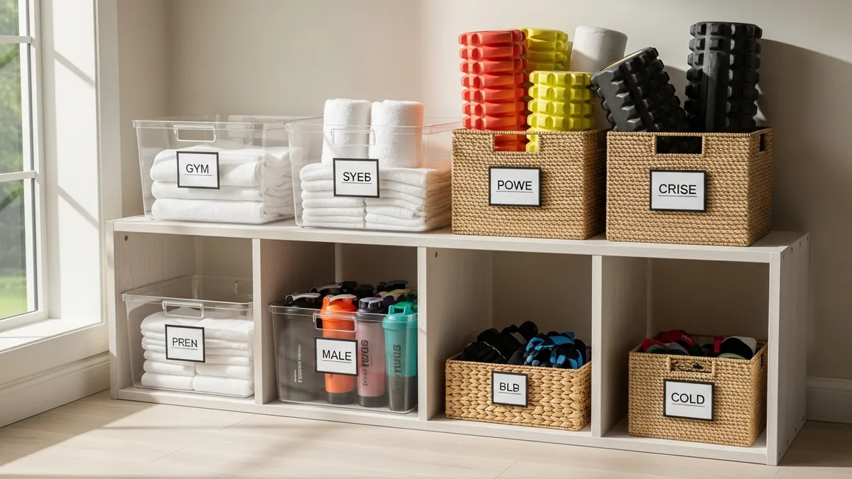 Labeled clear storage bins on home gym shelving with towels, foam rollers, and workout accessories organized