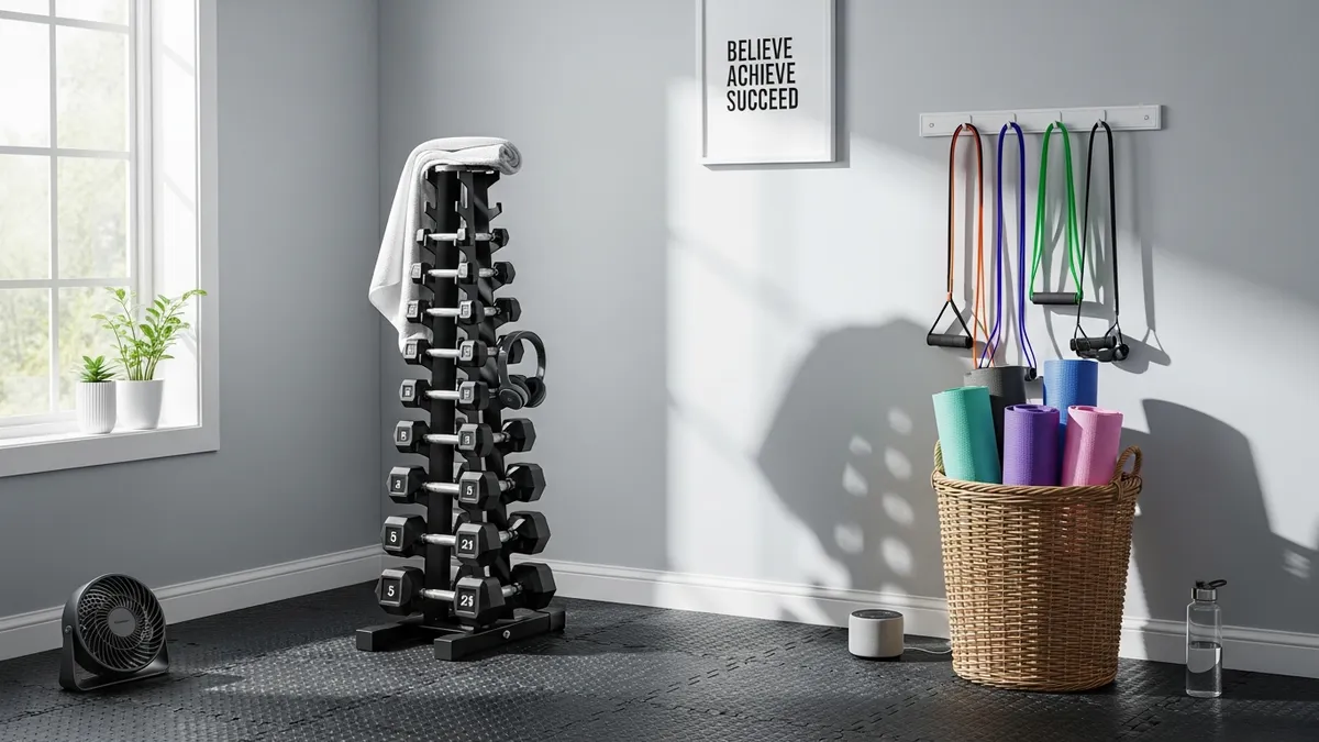 Compact home gym corner organization with dumbbell tower rack, yoga mat basket, and wall hook rail for bands
