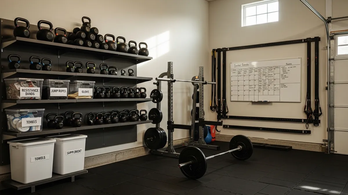 Organized garage home gym with wall-mounted shelving, labeled kettlebell storage boxes, and whiteboard workout tracker