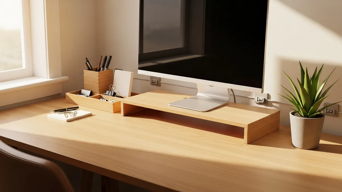 Beautifully organized home office desk with monitor riser, desktop tray organizer, and cable management in a bright minimalist workspace