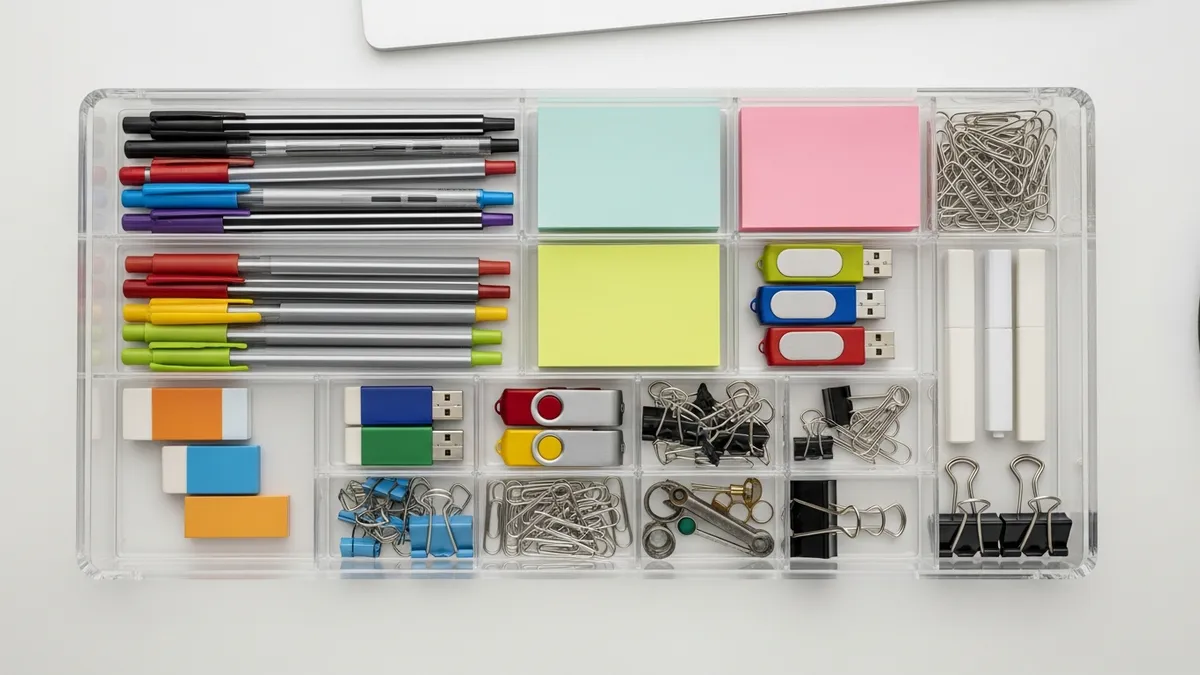 Desk drawer organizer insert with pens, paper clips, and office supplies neatly arranged in separate compartments