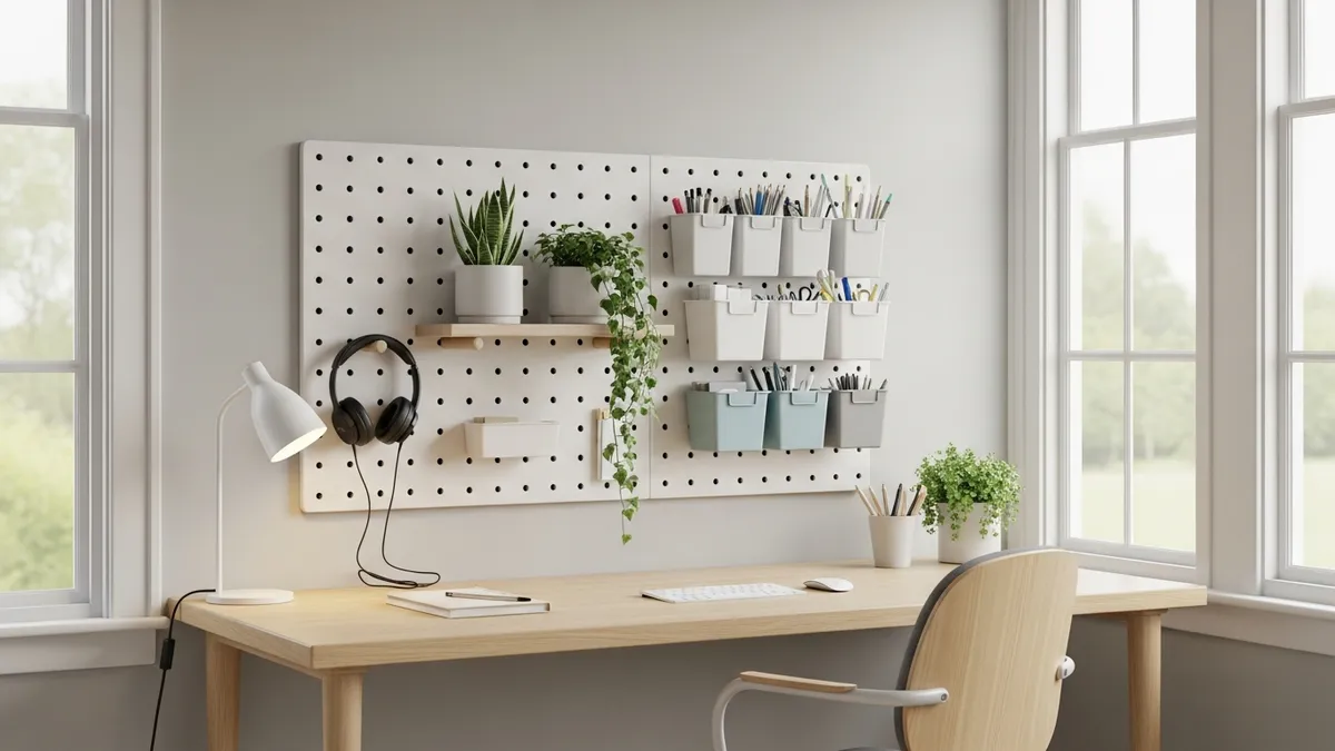 White pegboard wall organizer behind home office desk holding headphones, small shelf, and office supply bins