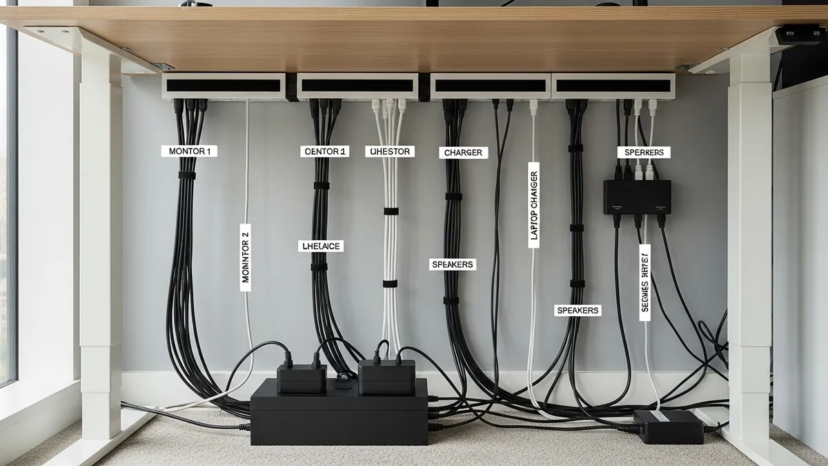 Home office desk cable management setup with velcro ties, cable box, and bundled labeled cords for a clutter-free workspace