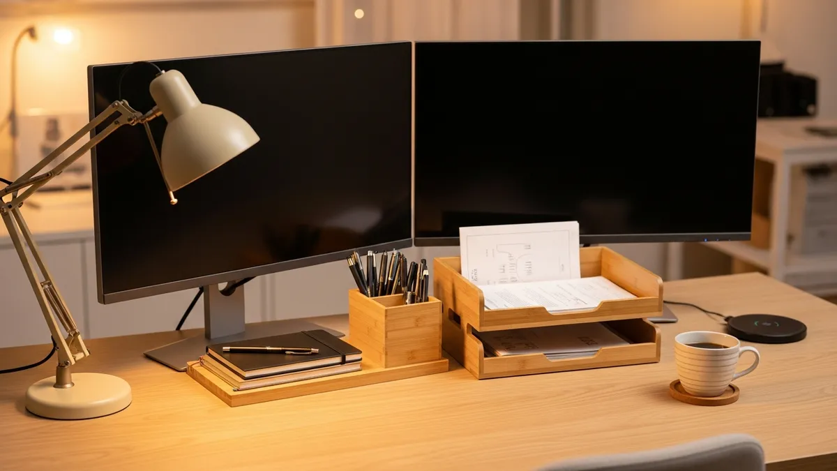 Styled home office desk with dual monitor, bamboo organizer, filing tray, wireless charger, and warm desk lamp for a productive setup