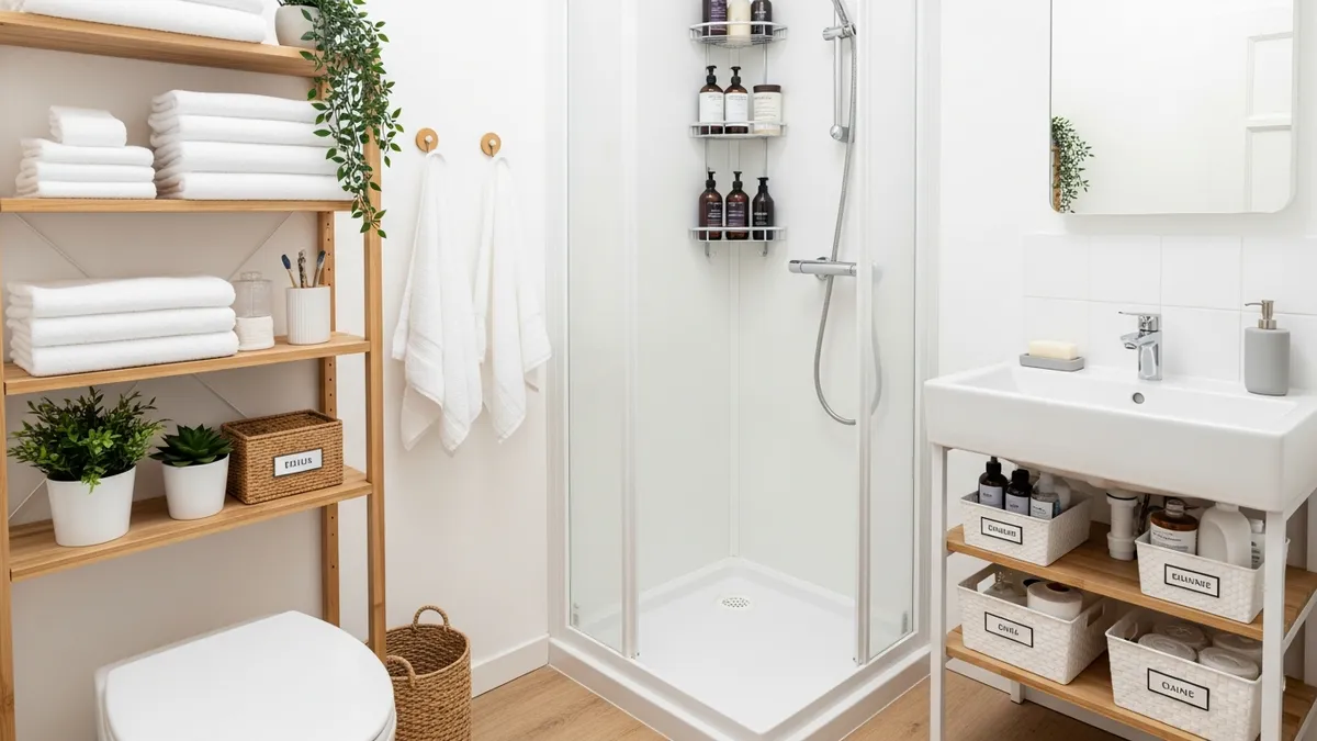Small bathroom organization ideas with over-toilet shelving, corner caddy, and under-sink baskets