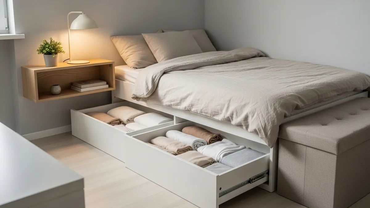 Bedroom organization ideas for small spaces with under-bed storage drawers and wall-mounted nightstand shelves