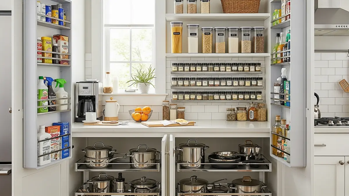 Small kitchen organization ideas with magnetic spice strips, stackable containers, and over-door organizers