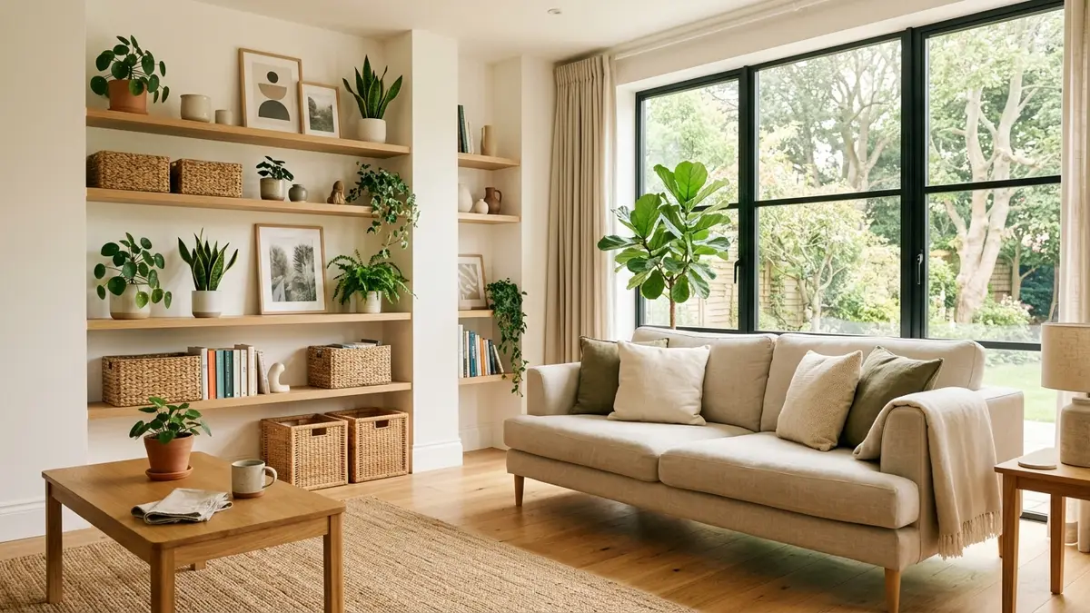 Bright organized living room with open shelving, woven storage baskets, and potted plants in natural light