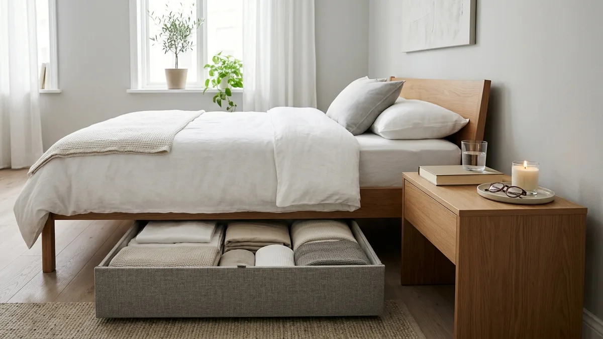 Minimalist bedroom with under-bed fabric storage drawer open showing folded linens and a clean nightstand with a candle tray