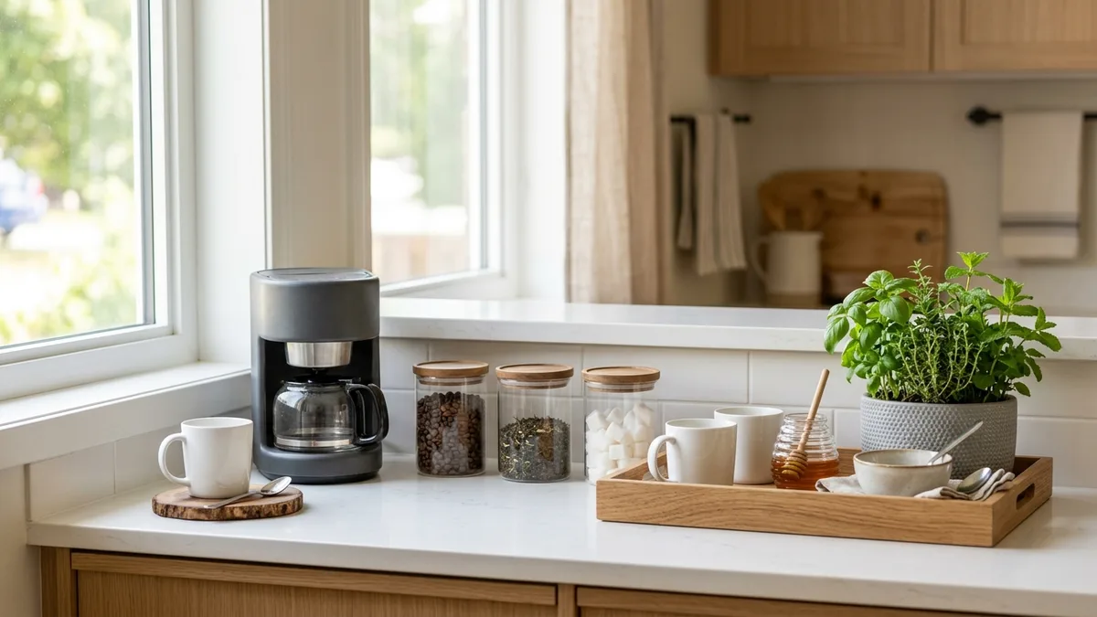 Tidy kitchen counter in morning light with labeled glass canisters, a coffee station, and a small herb planter on a wooden tray