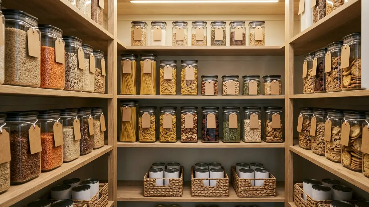 Open pantry with clear square airtight canisters filled with dry goods, handwritten labels, and wicker baskets for canned goods