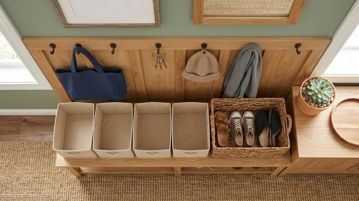Organized entryway with fabric storage bins, woven shoe basket, wall hooks for bags and keys, and a small succulent on a wooden console