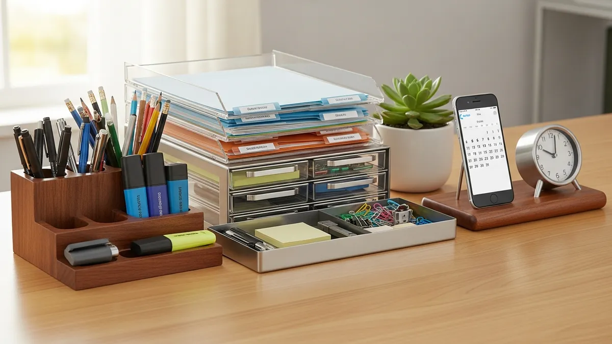 Home office desk organization with storage containers and organizers