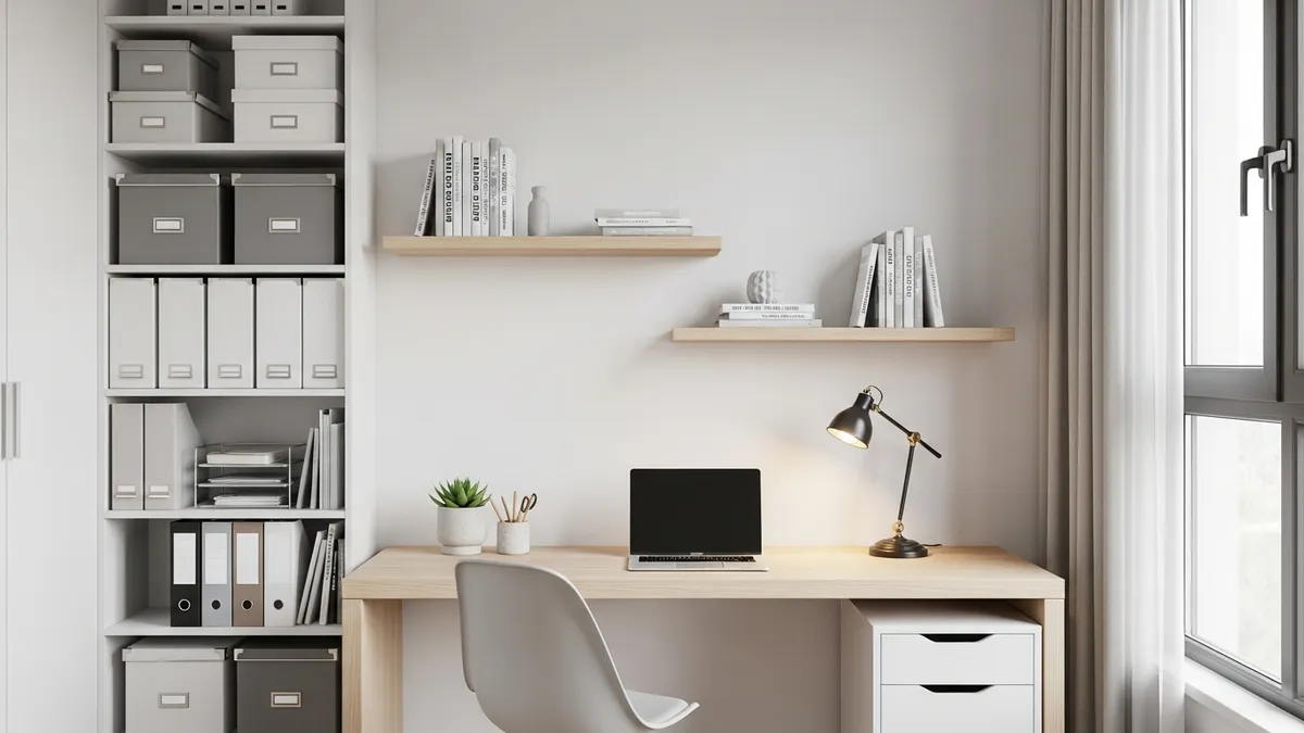 Organized home office with smart storage solutions and clean workspace design