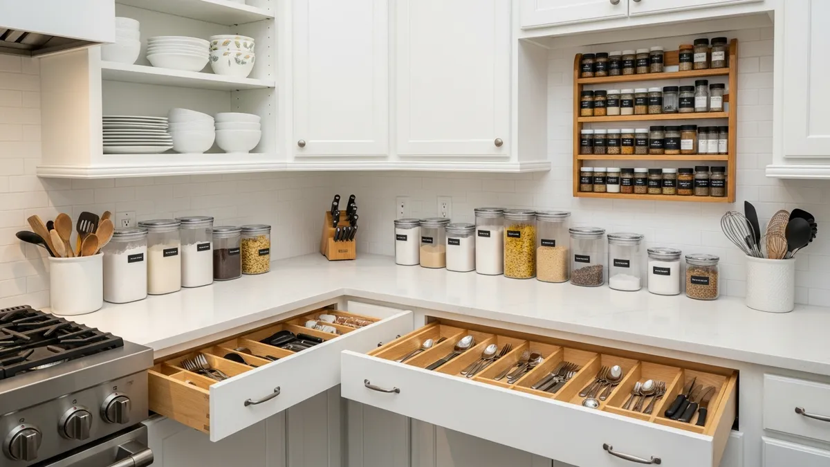Organized kitchen with open shelving and smart home storage ideas including labeled containers and spice racks