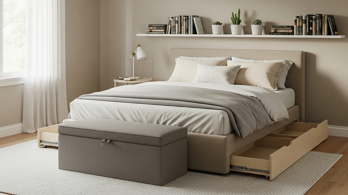 Bedroom with under-bed storage drawers and floating wall shelf as smart home storage ideas