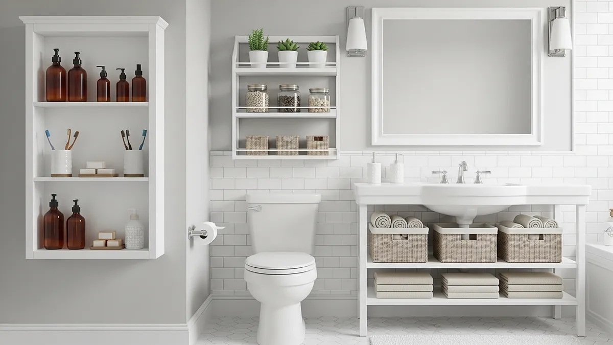 Bathroom with over-toilet shelving and wicker baskets as practical home storage ideas for small spaces