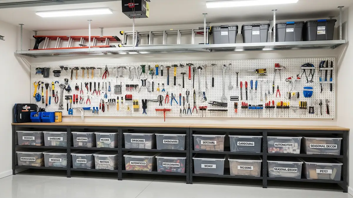 Garage with wall-mounted pegboard and heavy-duty shelving units for home storage ideas in the garage