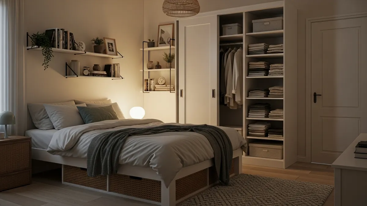 Bedroom home storage solutions with under-bed storage, organized wardrobe, and wall shelves